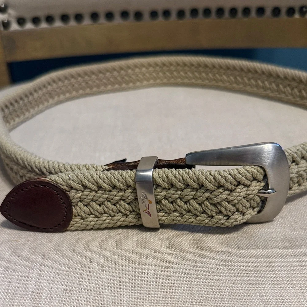 Greg Norman Tan Braided Belt with Brown Leather Accent, Size 34